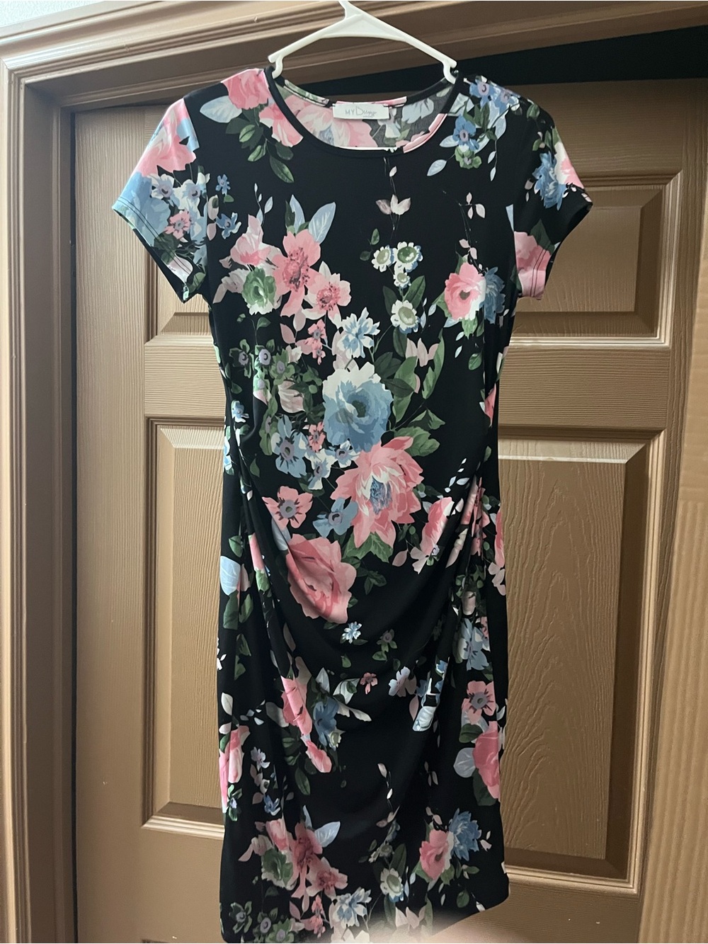 Maternity Floral Midi Dress with Pink & Blue Blooms - Black Background
